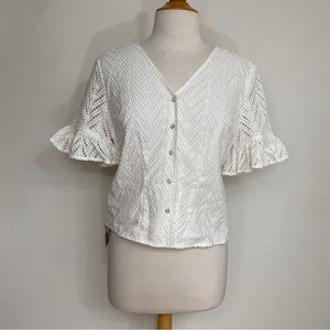 NWT New JNSQ Women White Crochet Ruffle Sleeve Boxy Paola Blouse Top Size Size 4